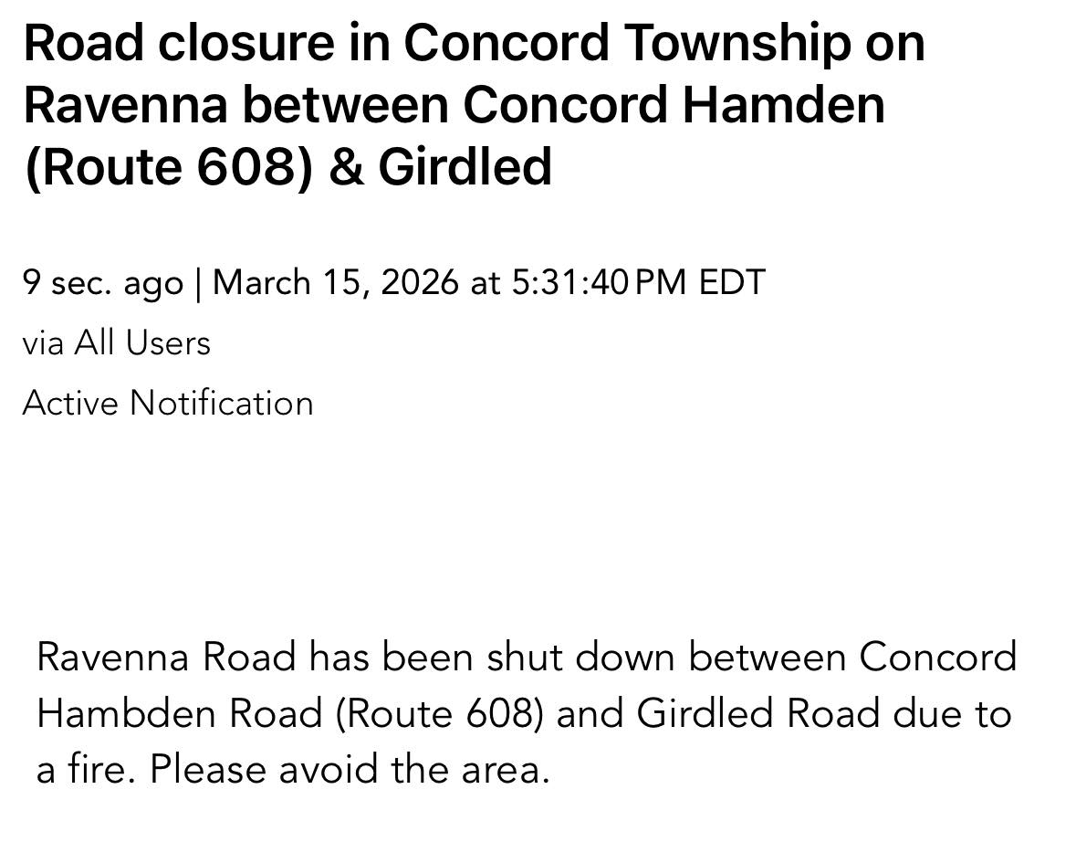 Ravenna Road closed due to fire in Concord Township