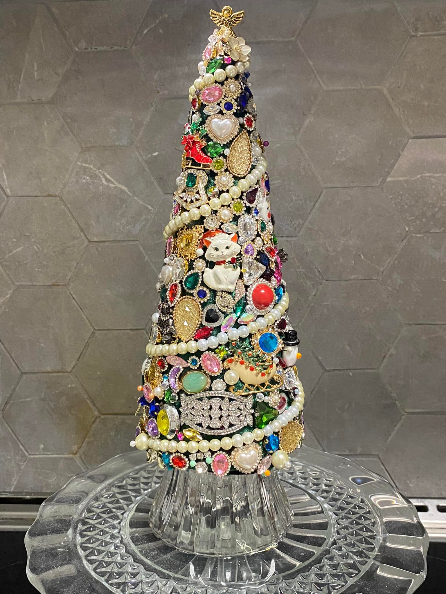 Christmas trees made from vintage jewelry