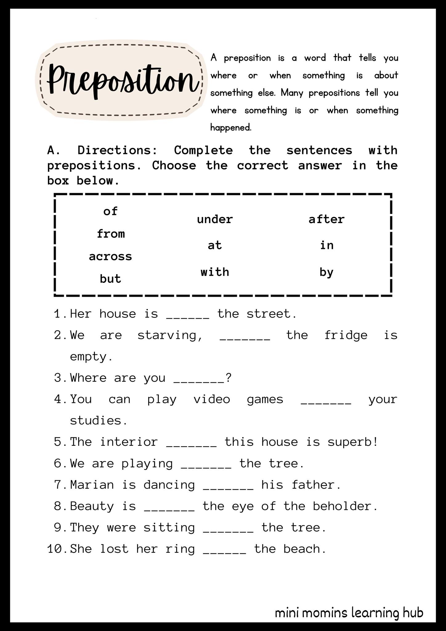 A preposition connects words... - Mini Momins Learning Hub | Facebook