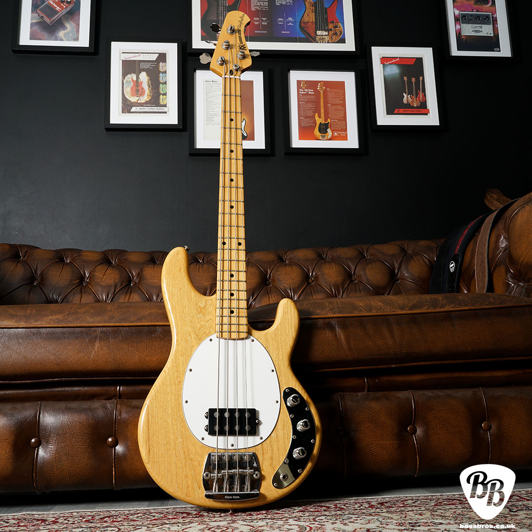1982 Music Man Stingray Natural with the white pickguard is a look
