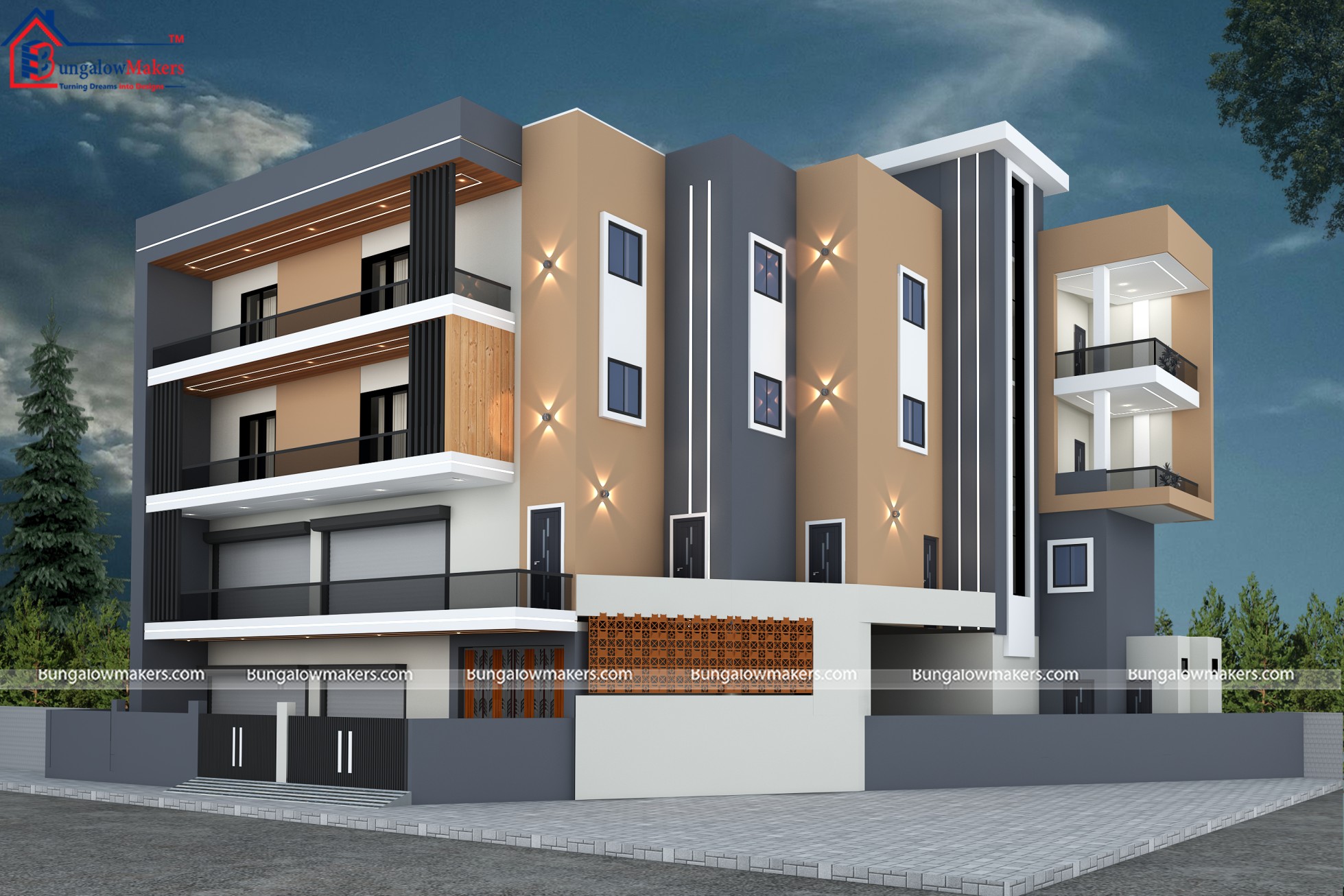 Bungalow Makers - 3D house Front elevation design of a G+3...