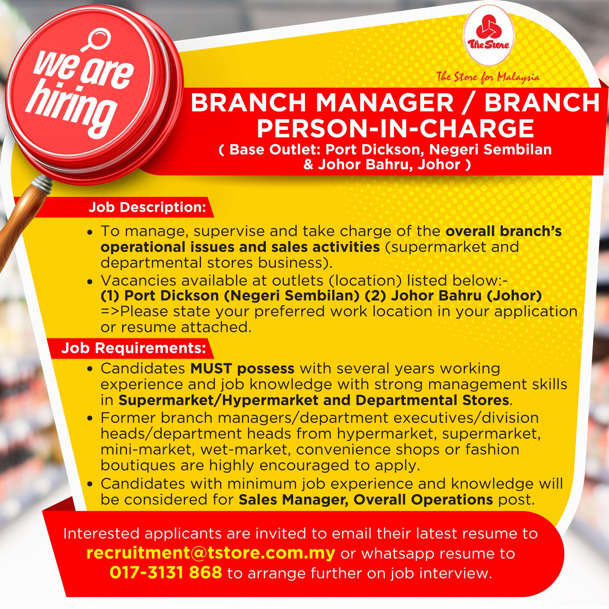 Pacific - THE STORE - JOB VACANCY We are hiring! 📣📣📣 BRANCH MANAGER ...