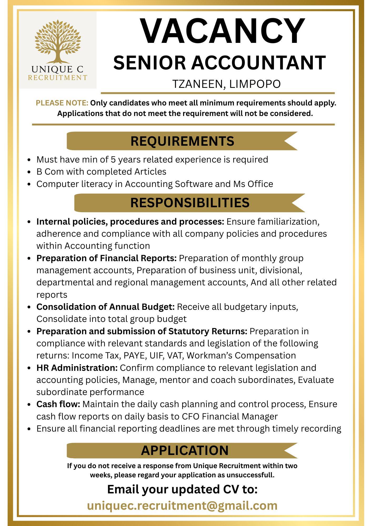 Unique - Position Available in Tzaneen, Limpopo SENIOR ACCOUNTANT To ...