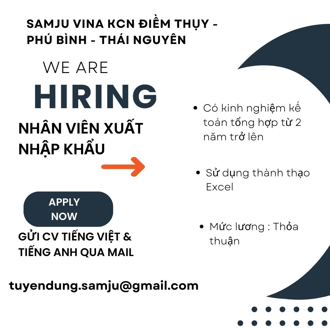 Công - CÔNG TY SAMJU THÔNG BÁO TUYỂN DỤNG GẤP - VỊ TRÍ SAU: 1: NHÂN ...