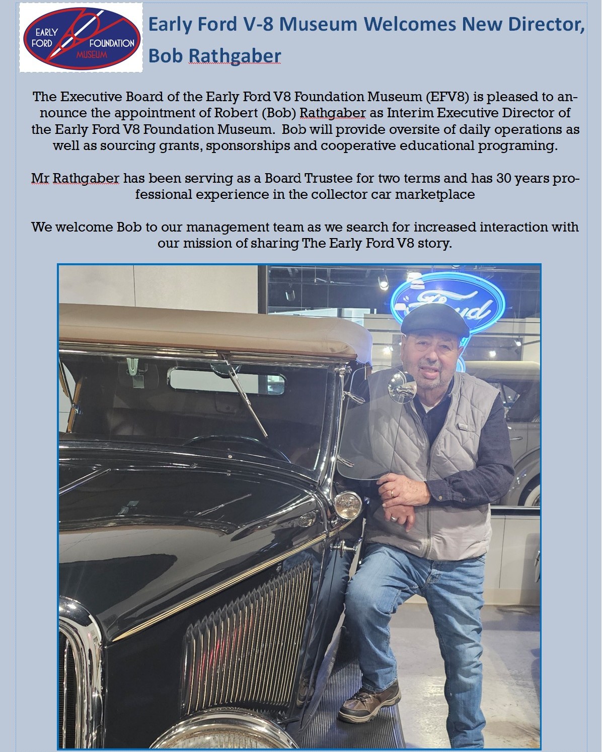 We are excited to announce Bob... - Early Ford V-8 Museum | Facebook