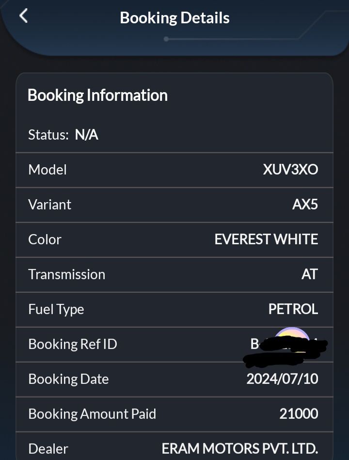 Mahindra booking error with XUV300 AX5 MT petrol