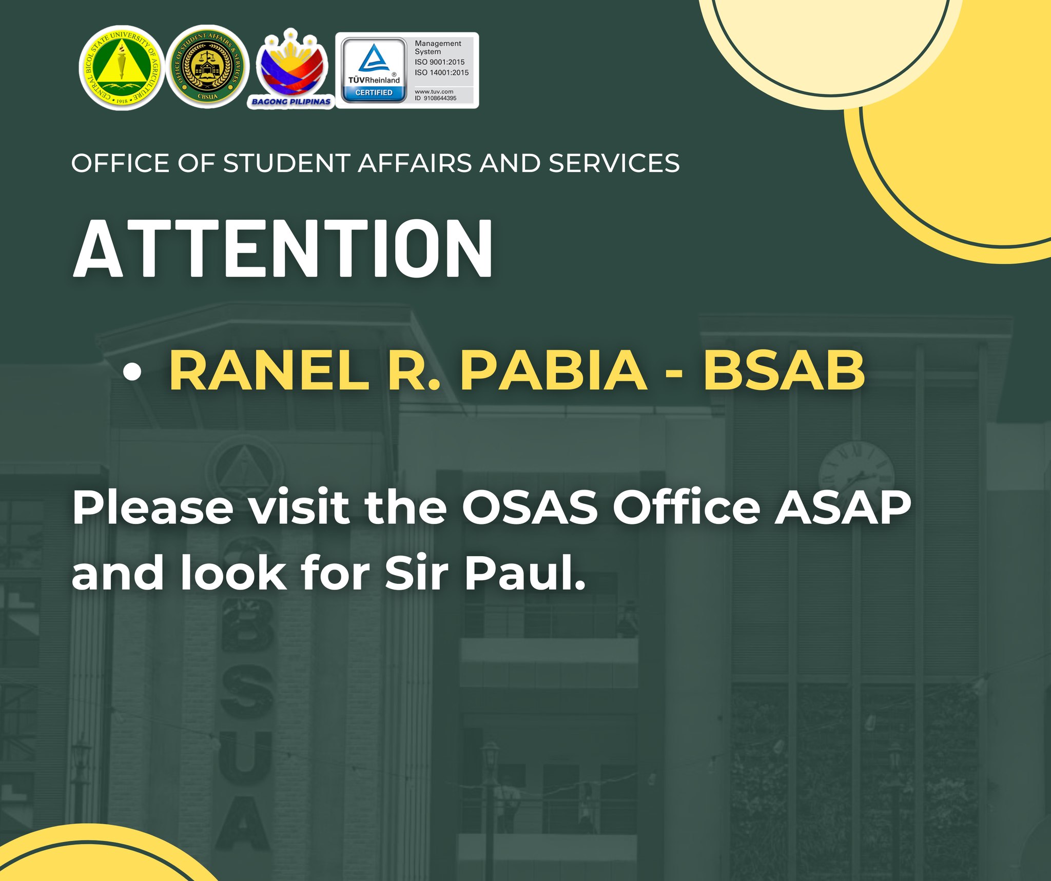 Office of Student Affairs & Services-CBSUA PILI | Facebook