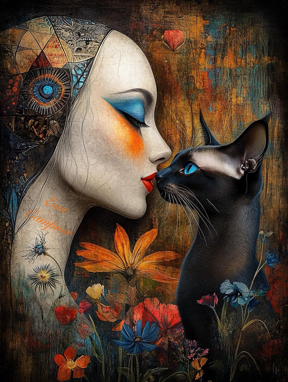 Woman with secrets and sunshine in a colorful world with her cat