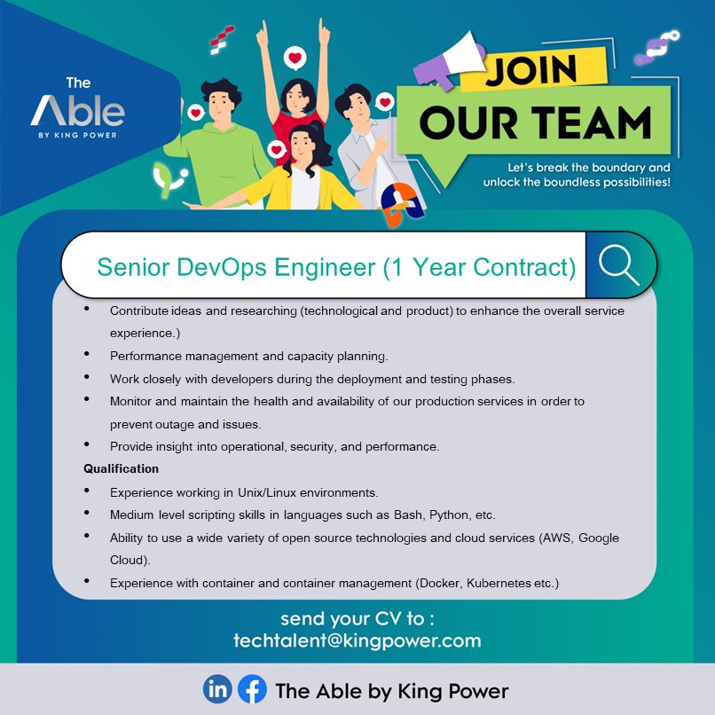 Senior Infrastructure Engineer (DevOps) สัญญาจ้าง 1 ปี รายละเอียดเพิ่ม ...