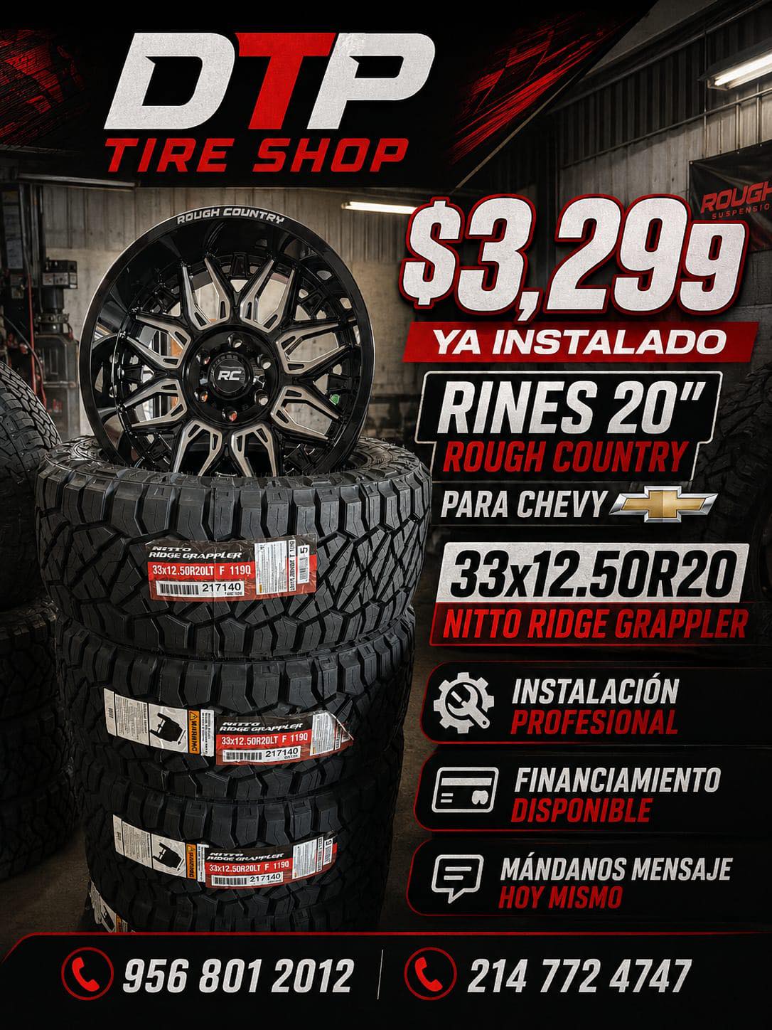 $3,299 ya instalado rines 20 rough country para Chevy y 33x12