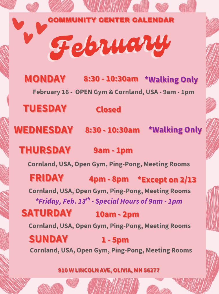 City of Olivia - 📣 February hours at the Community Center... | Facebook