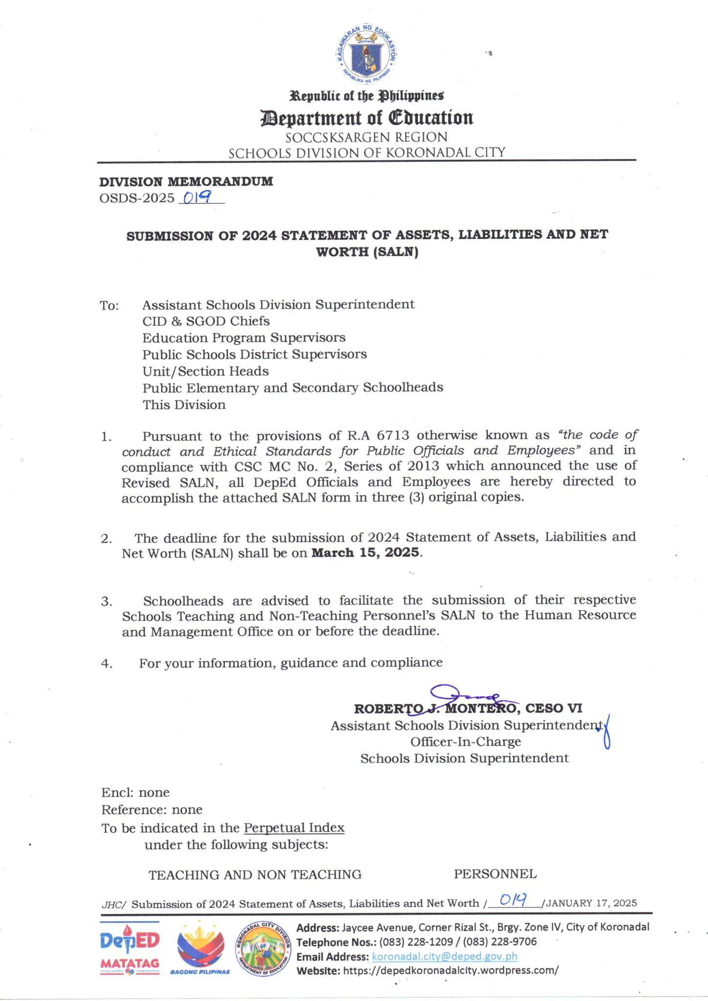 DepEd - DM OSDS-2025-019 - SUBMISSION OF 2024 STATEMENT OF ASSETS ...