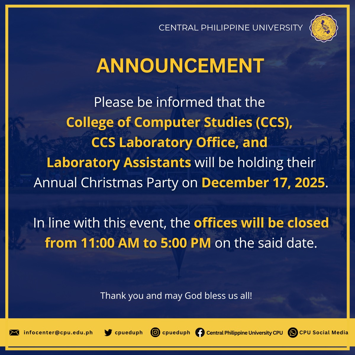 Central - 📢ANNOUNCEMENT Please be informed that the College of Computer ...