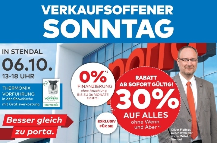 HEUT ÖFFNET PORTA IN STENDAL MIT DIESEN TOLLEN ANGEBOTEN Stendal – Verkaufsoffener Sonntag bei porta in Stendal! Von 13 bis 18 Uhr beschert das beliebte Möbelhaus exklusive Rabatte und ein cooles Akt