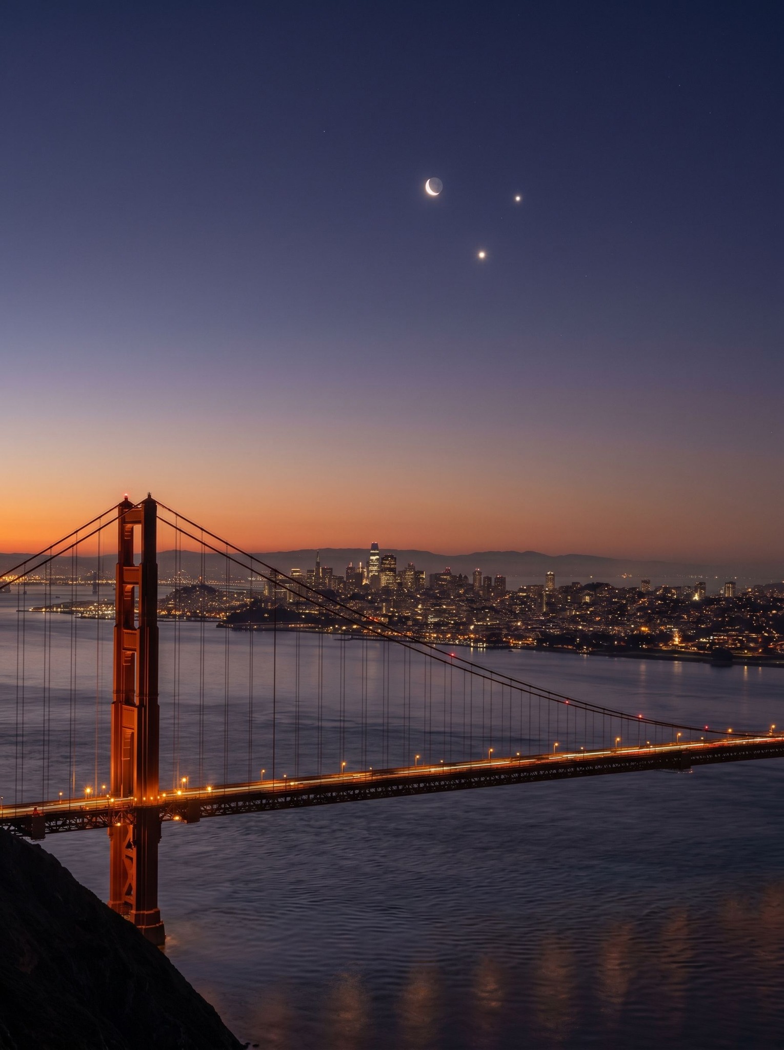 San Francisco Bay Bridge at sunset with full moon