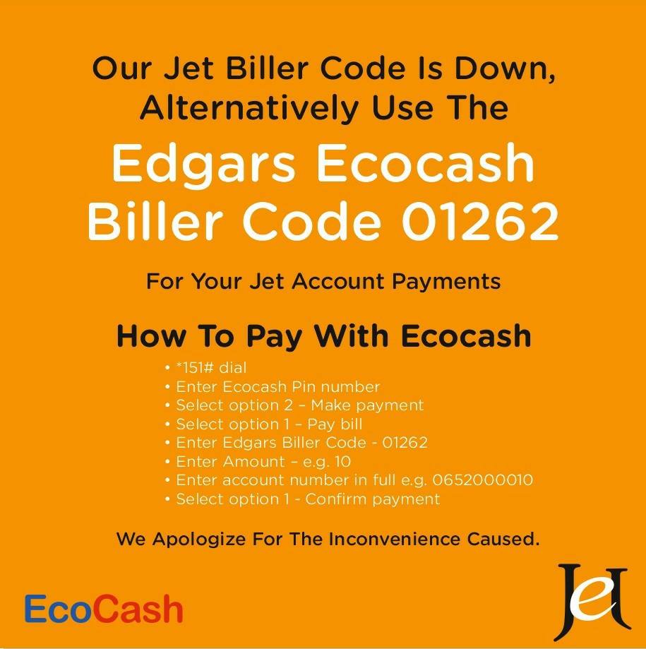 Jet Zimbabwe - Our Ecocash biller code is down but we have... | Facebook
