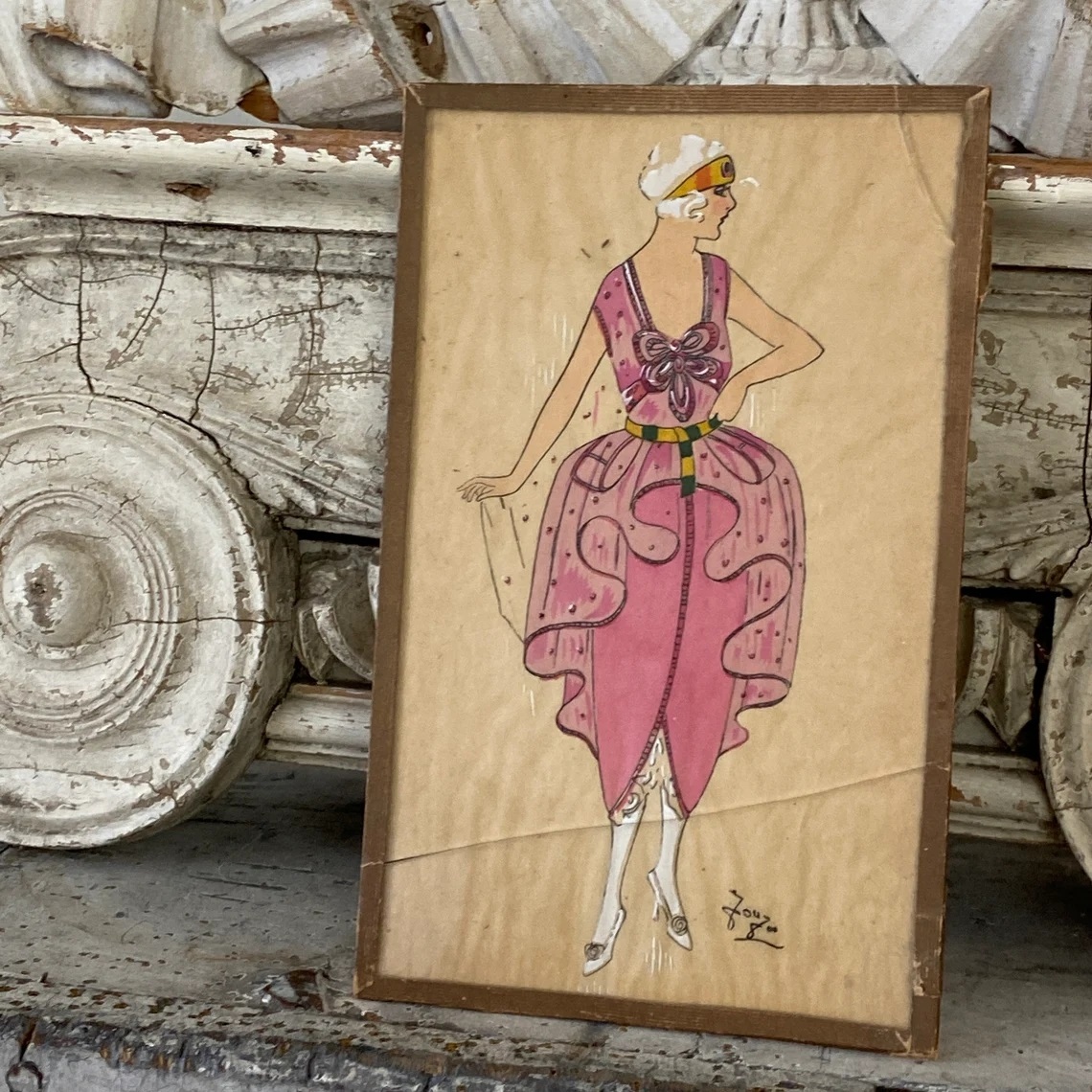 Vintage framed fashion illustration is a print from the Spanish