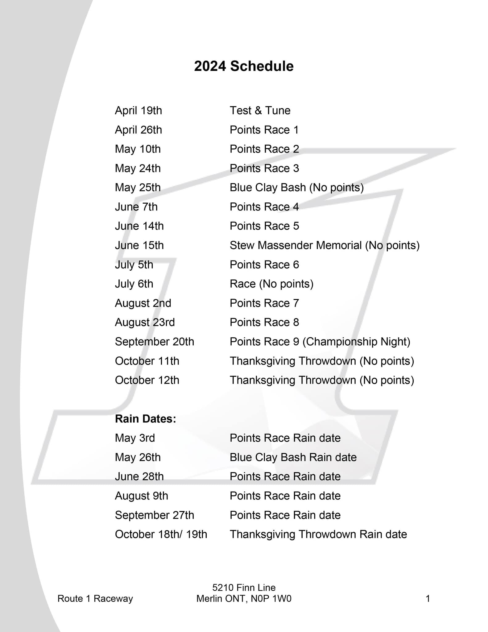 Route 1 Raceway - **2024 Season Schedule** February... | Facebook