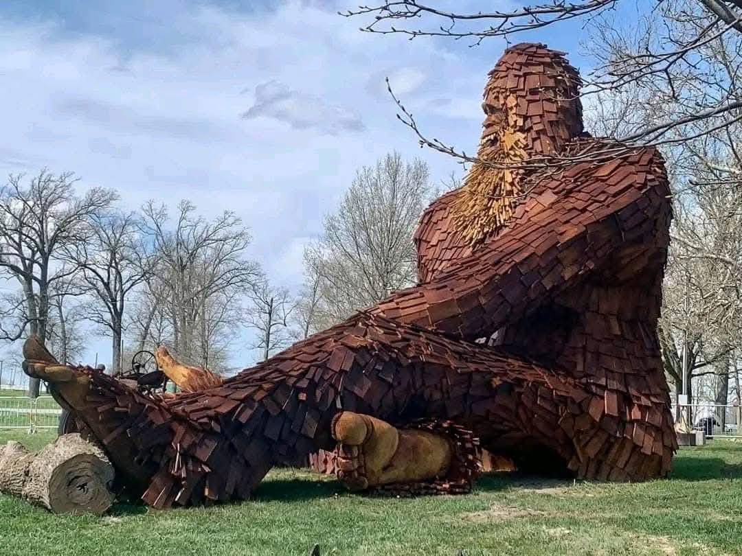 Wooden Bigfoot sculpture at Mercer County Fairgrounds in Celina, Ohio