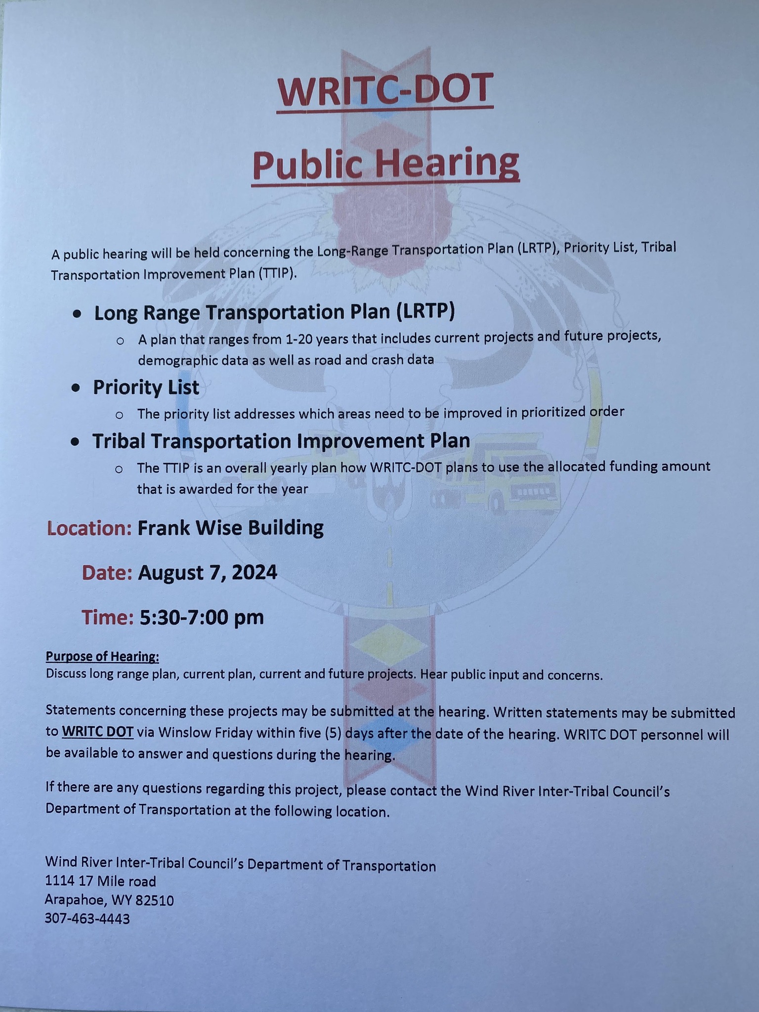 Wind River Inter-Tribal Department of Transportaion | Arapahoe WY