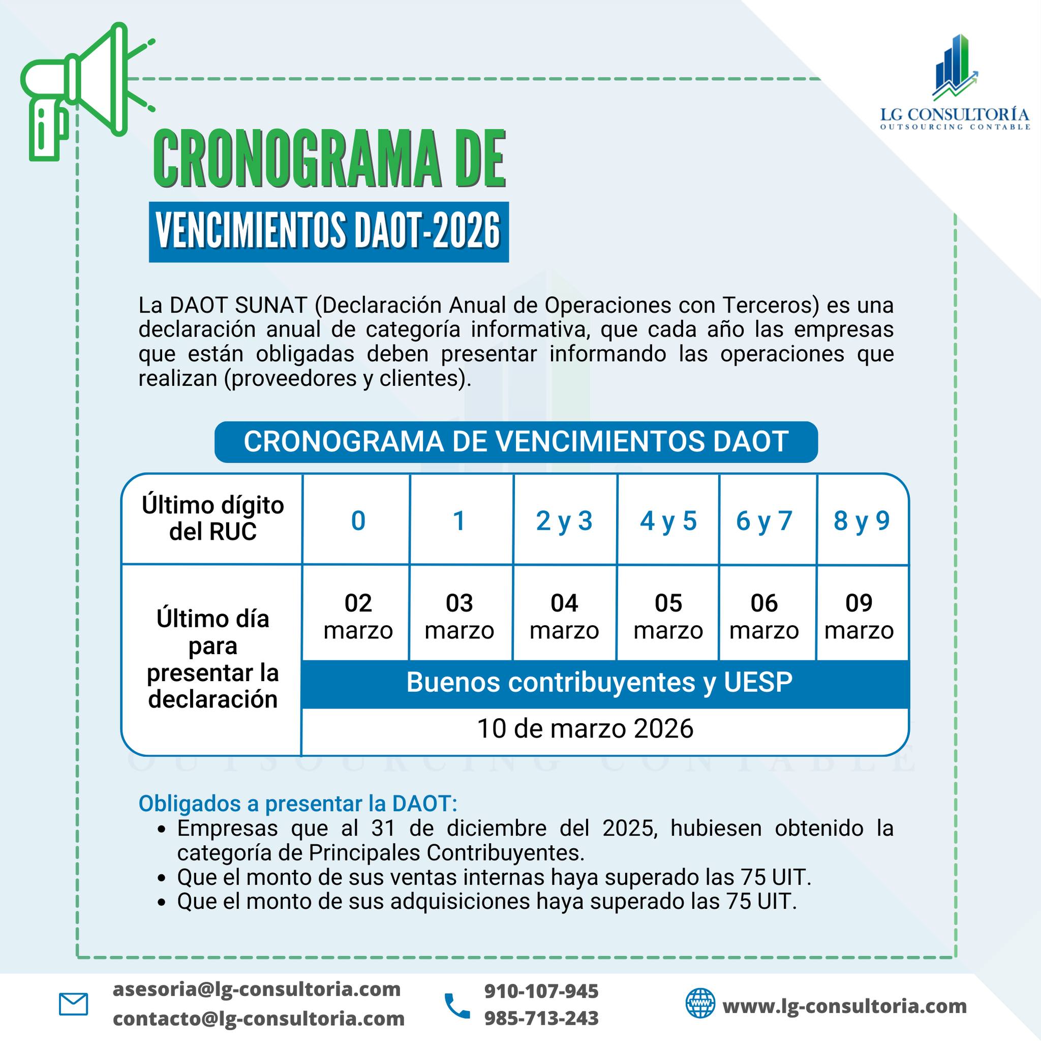LG - 📌 CRONOGRAMA DE VENCIMIENTOS DAOT 2026 La DAOT – Declaración Anual ...