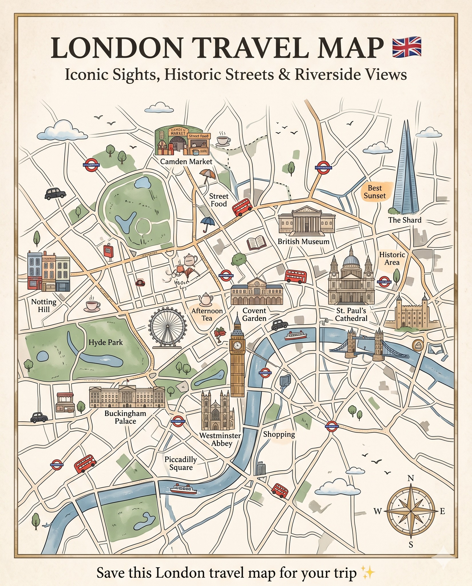Illustrated London travel map with iconic sights and historic streets