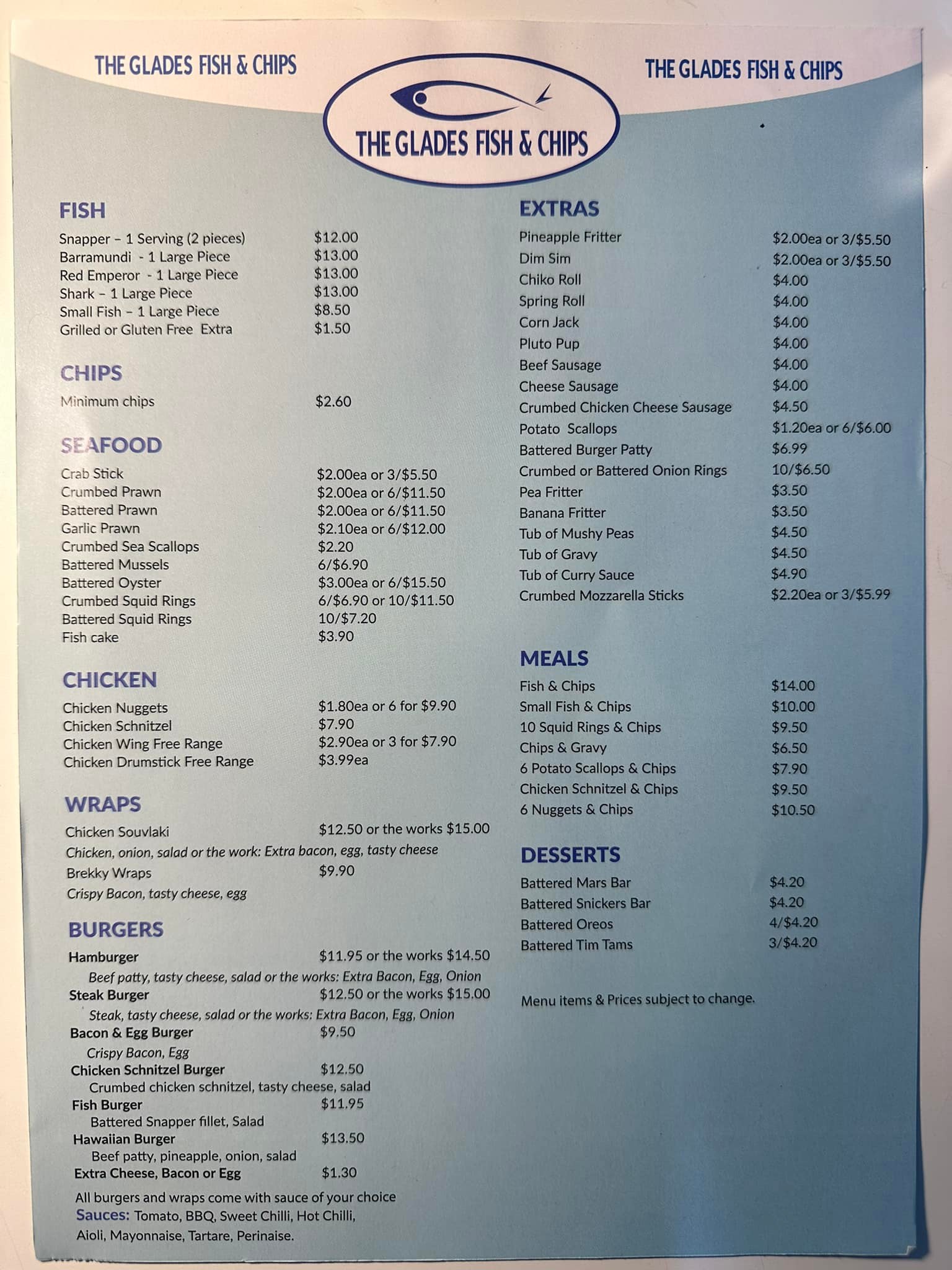 New menu with updated items:... - The Glades Fish and Chips | Facebook