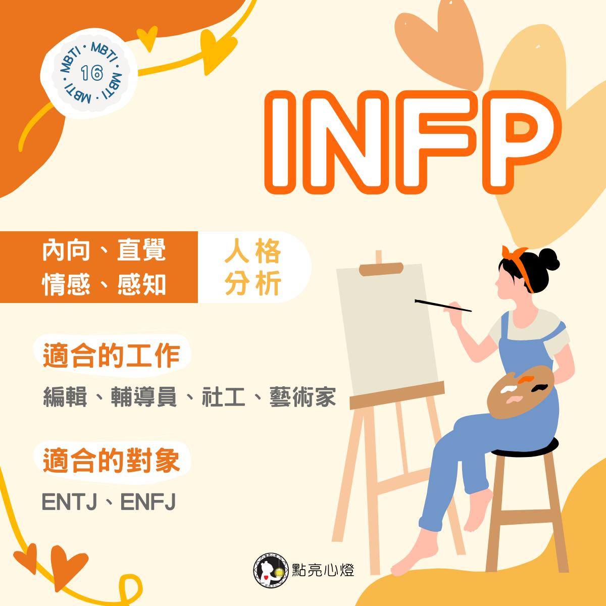 點亮心燈諮商中心 - INFP人格分析丨適合什麼工作、對象？ 💫INFP四個維度分別代表：內向、直覺、情感、感知... | Facebook