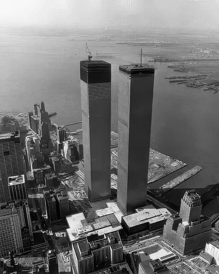 1972 photo of World Trade Center twin towers near completion