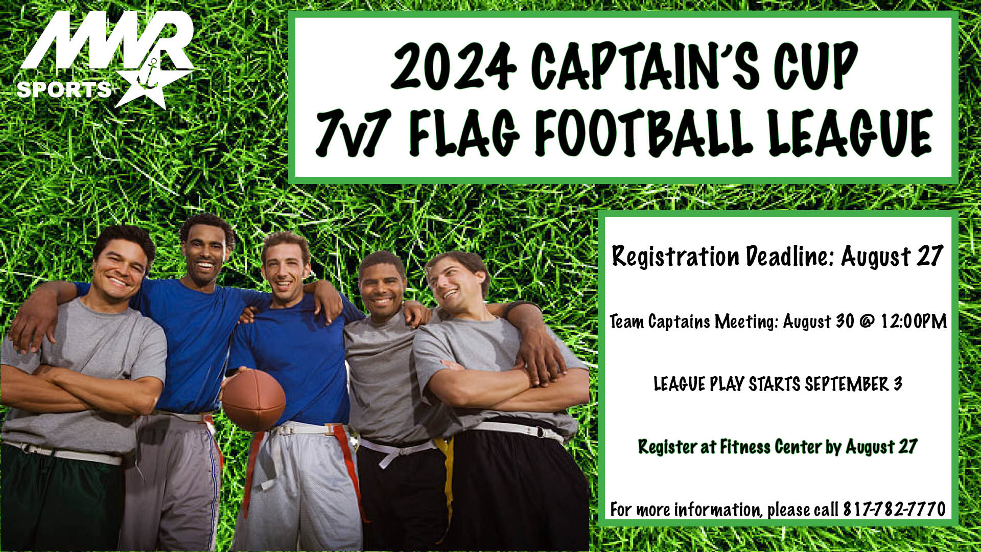 REGISTER BY AUGUST 27 for 2024 Captain's Cup 7v7 Flag Football