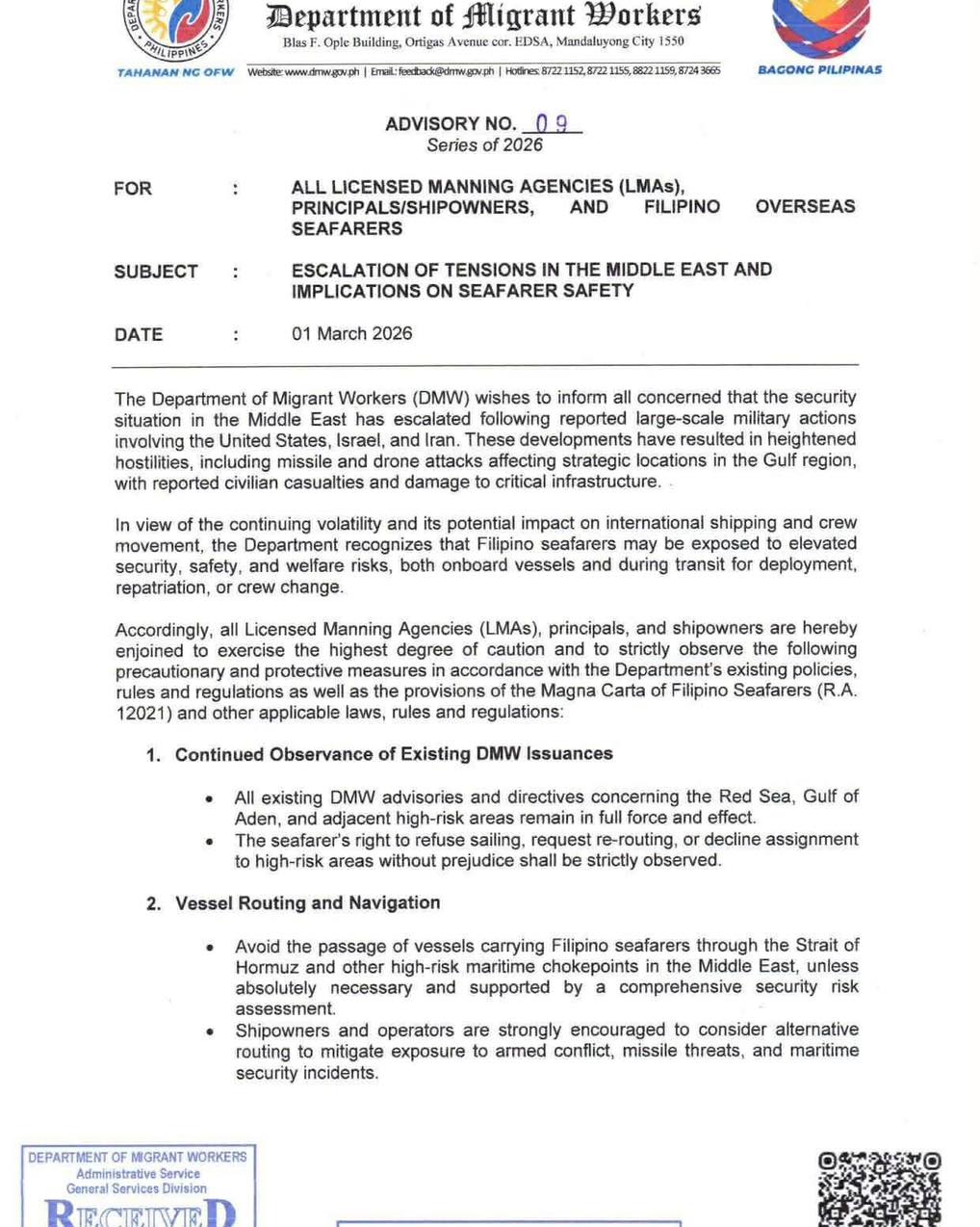 Marino Ph - DMW Release Advisory No. 09, Series of 2026 |... | Facebook