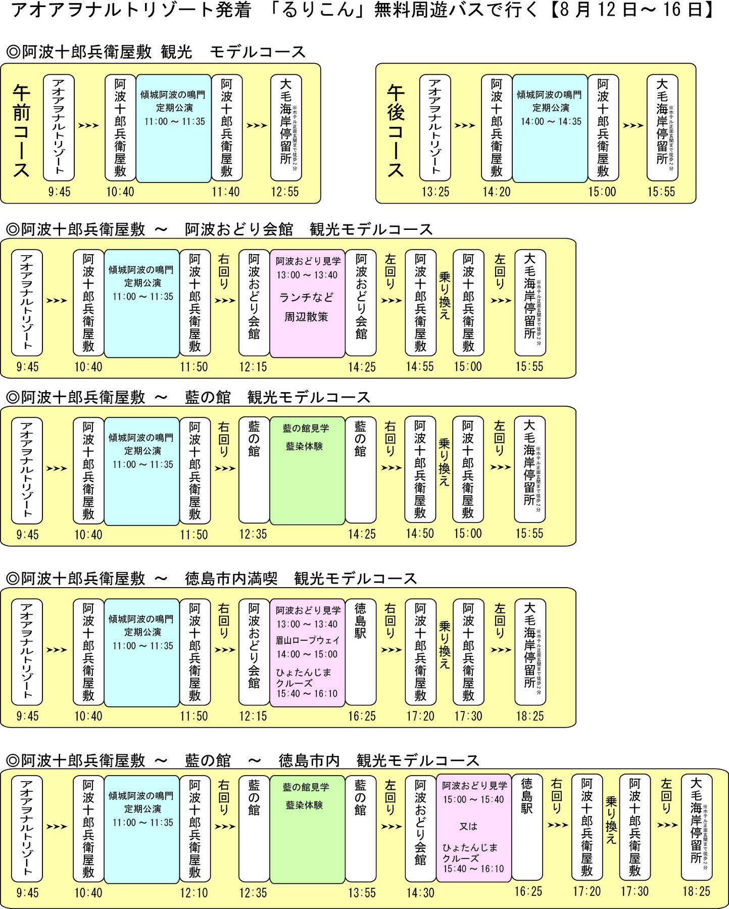 アオアヲナルトリゾート 阿波のバス旅 るりこん 無料周遊バスに乗って観光に出かけよう アオアヲナルトリゾート発着 各種 観光モデルコースも作ってみました 阿波十郎兵衛屋敷 や 藍の館 阿波おどり会館 などにも行けちゃいます 8月12日 8月16日