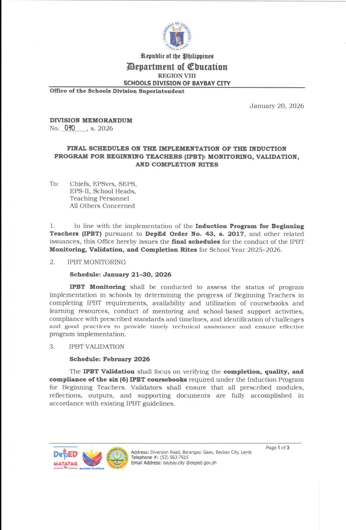 Recs Senag - DM NO. 070, S. 2026 FINAL SCHEDULES ON THE... | Facebook