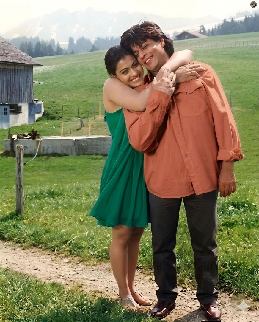 kajol ddlj green dress This image features the iconic pair Shah Rukh Khan and in a scene from the classic 1995 Bollywood film Dilwale Dulhania Le Jayenge (DDLJ). Kajol is wearing an opulent golden lehenga NPW