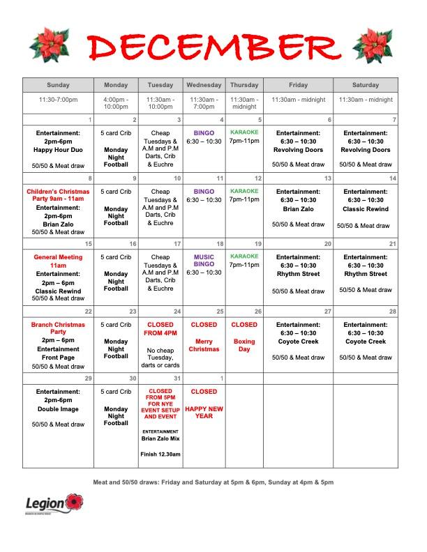 Our December 2024 calendar is now... - Maple Ridge Legion | Facebook