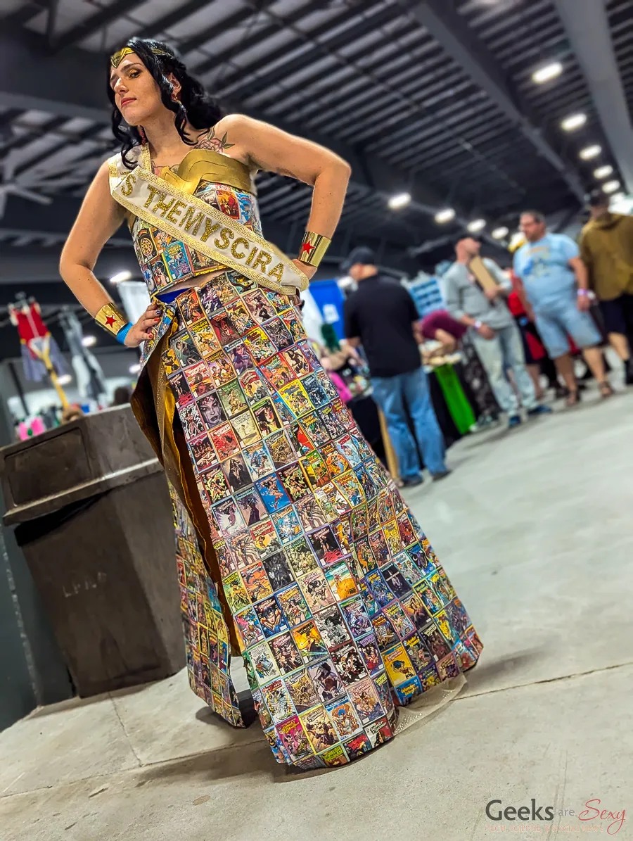 dc comics wonder woman formal dress Diana of Themyscira (Wonder Woman) posing with a gorgeous ENTIRELY made from comic book cards! Picture by yours truly Ottawa Comiccon 2024. Additional pic in the comments! ❤ #wonderwoman # Super hero