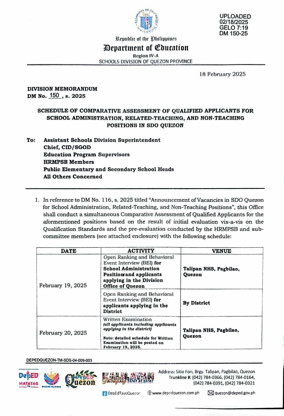 SCHEDULE OF COMPARATIVE ASSESSMENT QUALIFIED APPLICANTS RELATED ...
