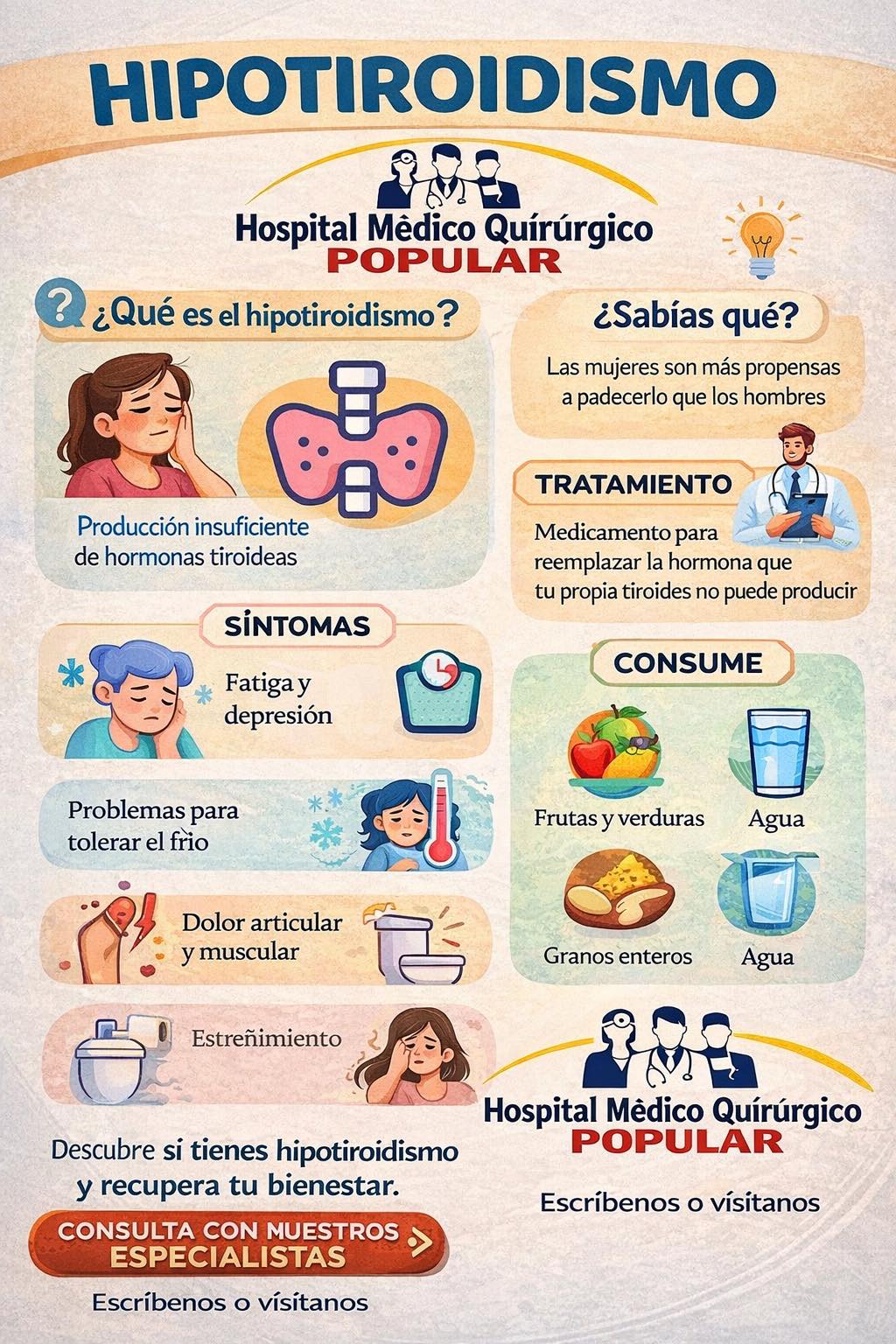 HIPOTIROIDISMO: CONOCE LOS SÍNTOMAS El hipotiroidismo ocurre cuando la tiroides no produce suficientes hormonas, afectando múltiples funciones del cuerpo ⚠️ 👀 Síntomas más comunes: • Fatiga o depresión • Aumento de peso