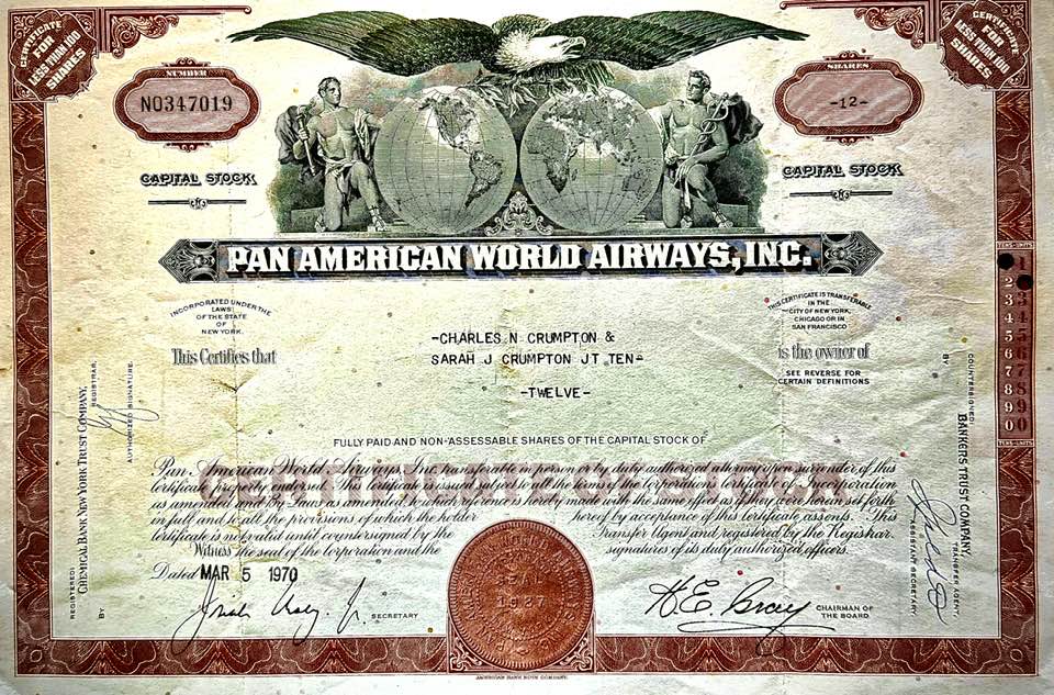 Value of Vintage Pan American World Airways Stock Certificates