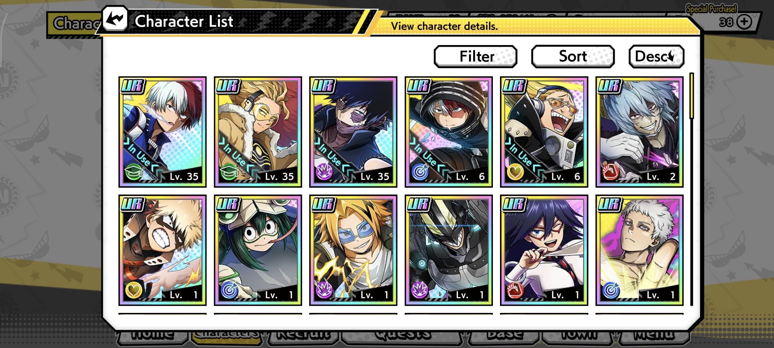 Compte My Hero Ultra Impact Niveau 54 - 13 Héros UR, 12 Souvenirs UR - Version Globale (mobile, Sortie 2021)