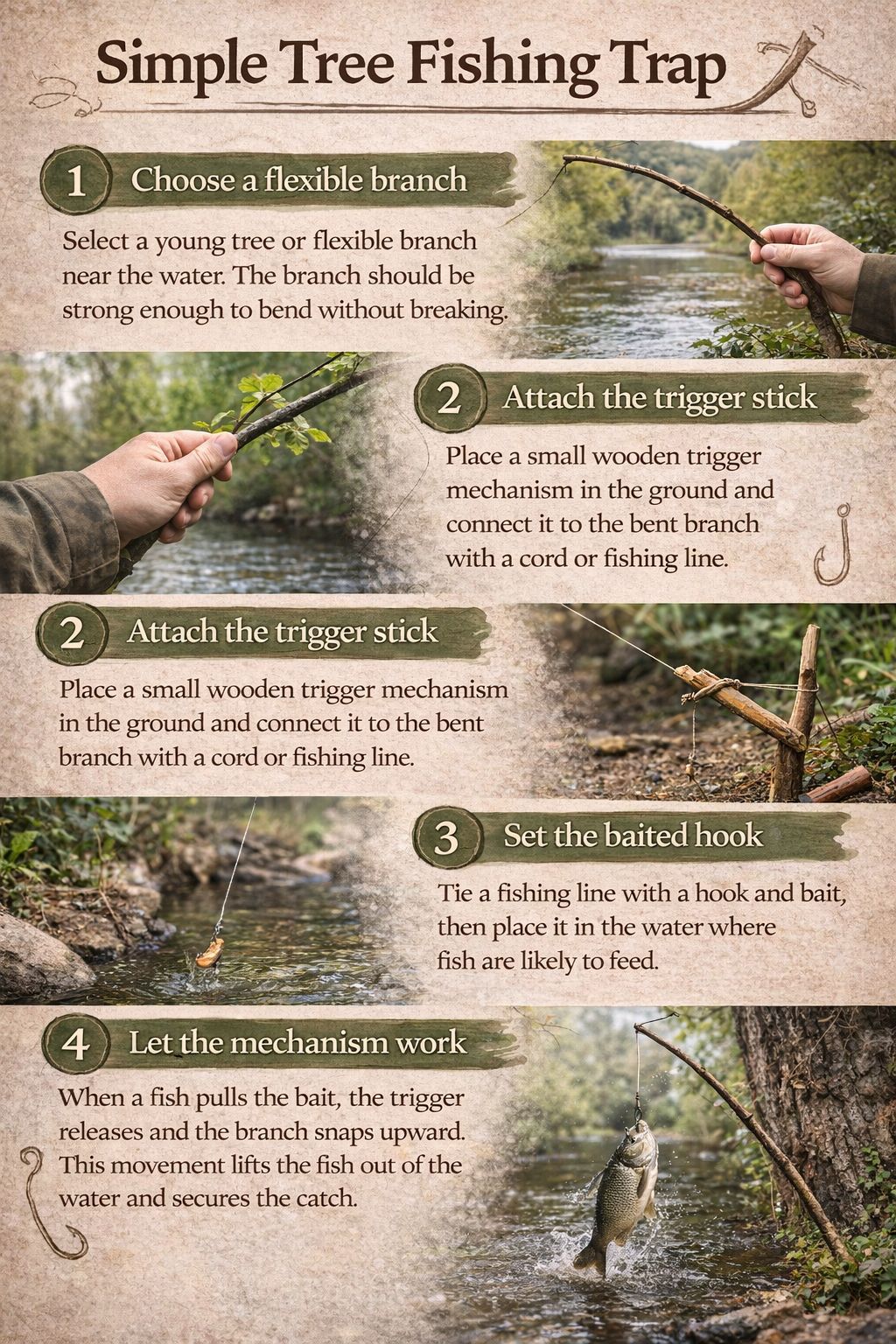 automatic fishing pole primitive trap Rod (Without Reel)  Simple Tree Fishing Trap
