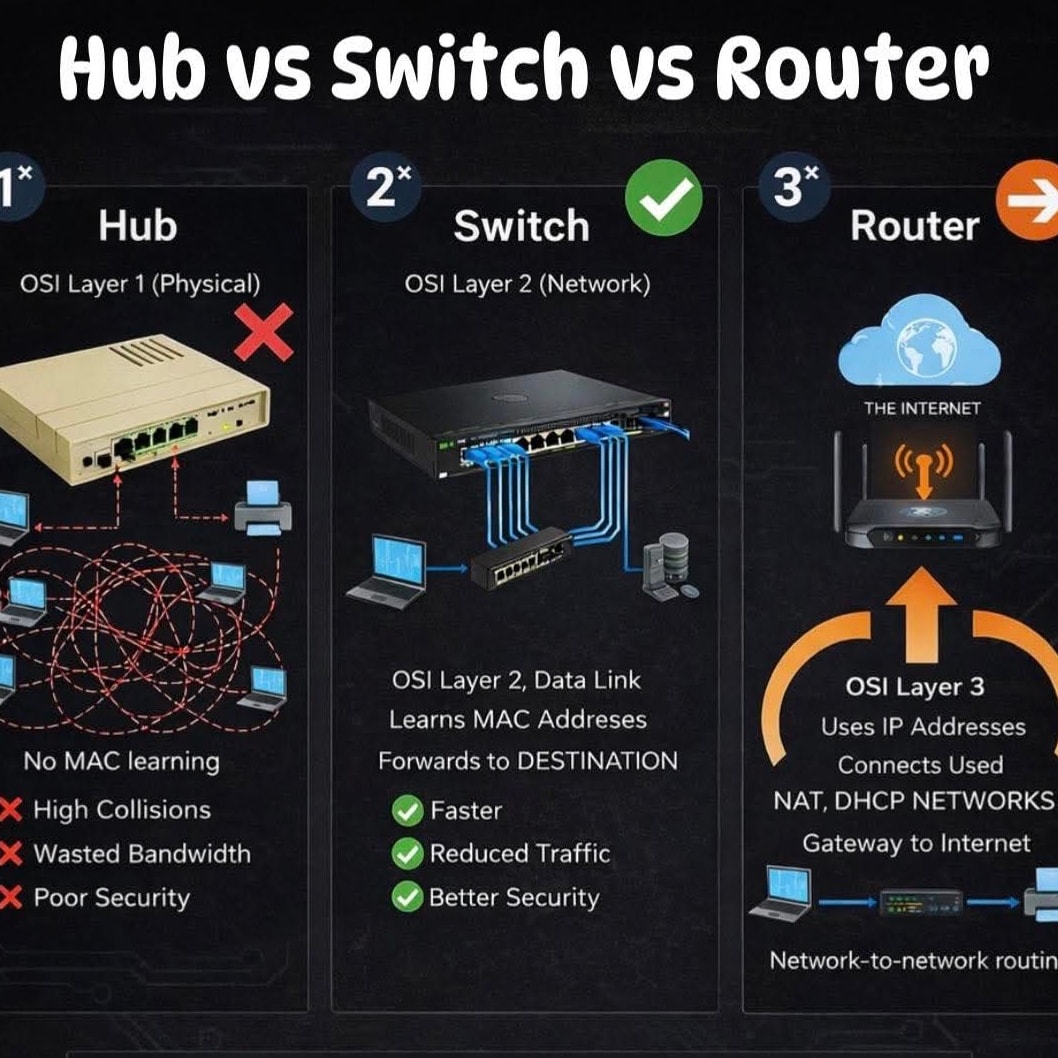 Ahmed - 🚀 Hub vs Switch vs Router — الفهم الصح للشبكات 🌐 كتير من الناس ...