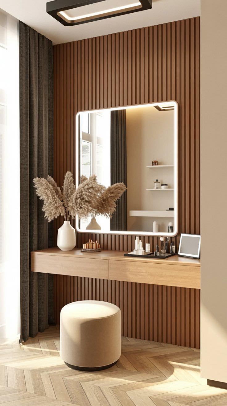 This modern luxury dressing area beautifully combines functionality with style. The sleek design and clean lines offer a minimalist look, while the textured wall panels add depth and interest. The warm wood