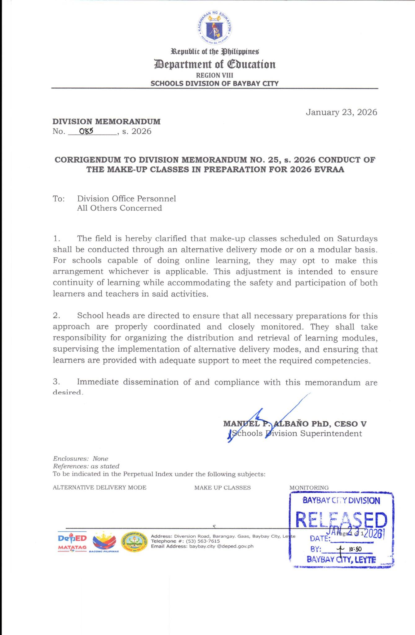 Recs Senag - DM NO. 085, S. 2026 CORRIGENDUM TO DIVISION... | Facebook