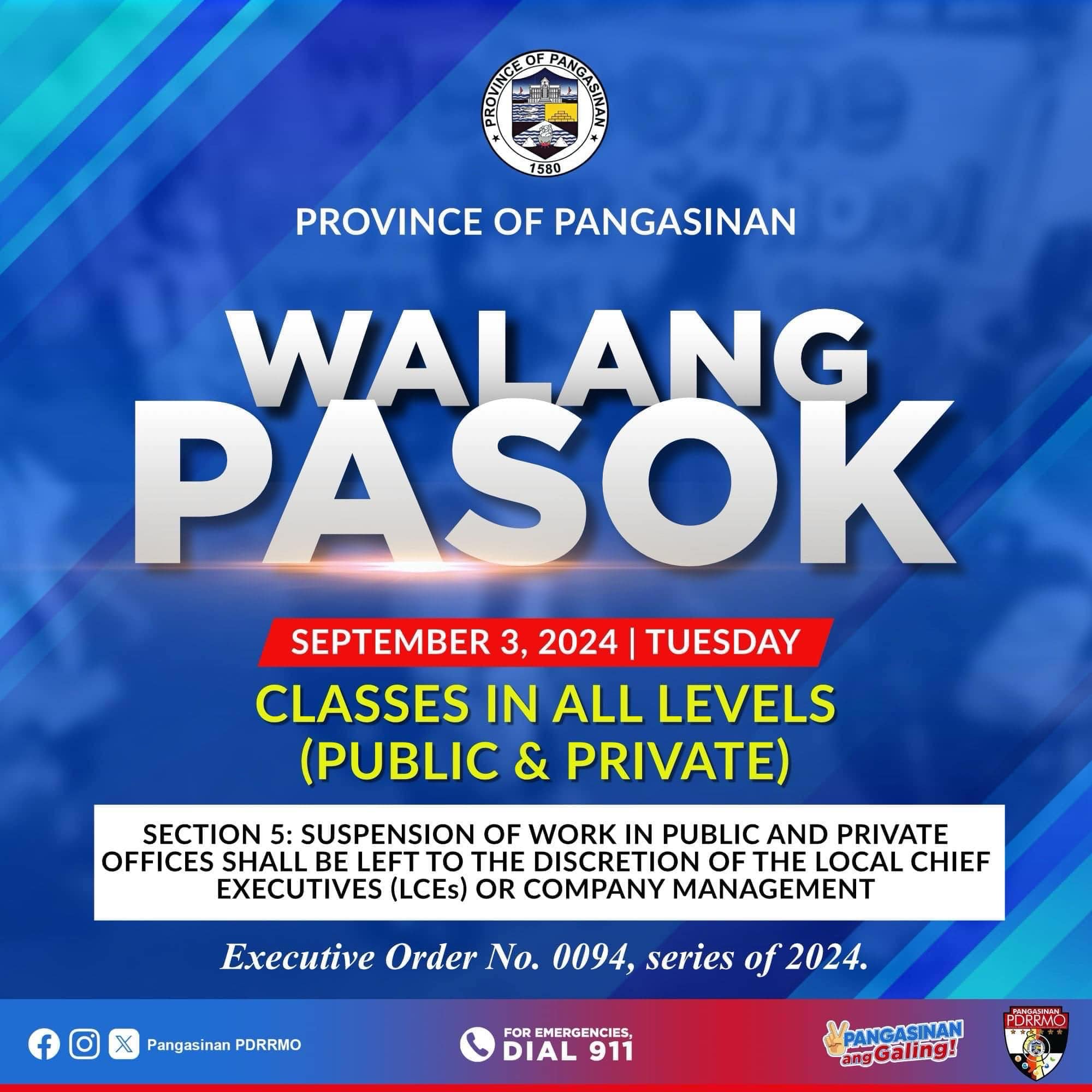 DECLARATION OF SUSPENSION OF CLASSES... - Pangasinan PDRRMO | Facebook