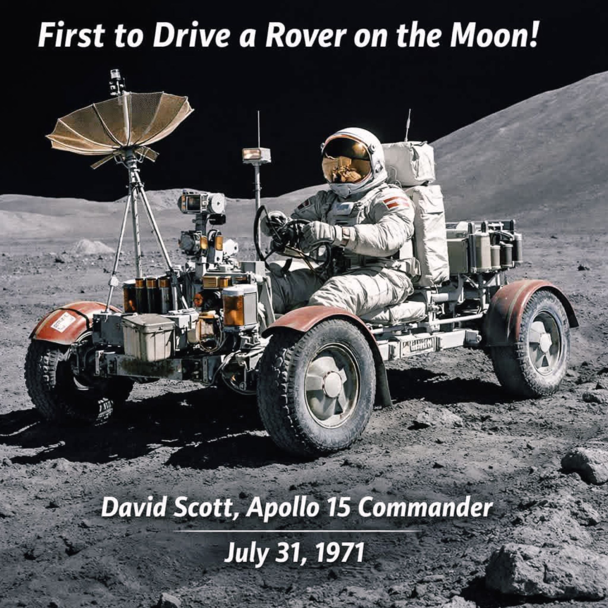 First human drive on the moon with Apollo 15's lunar rover