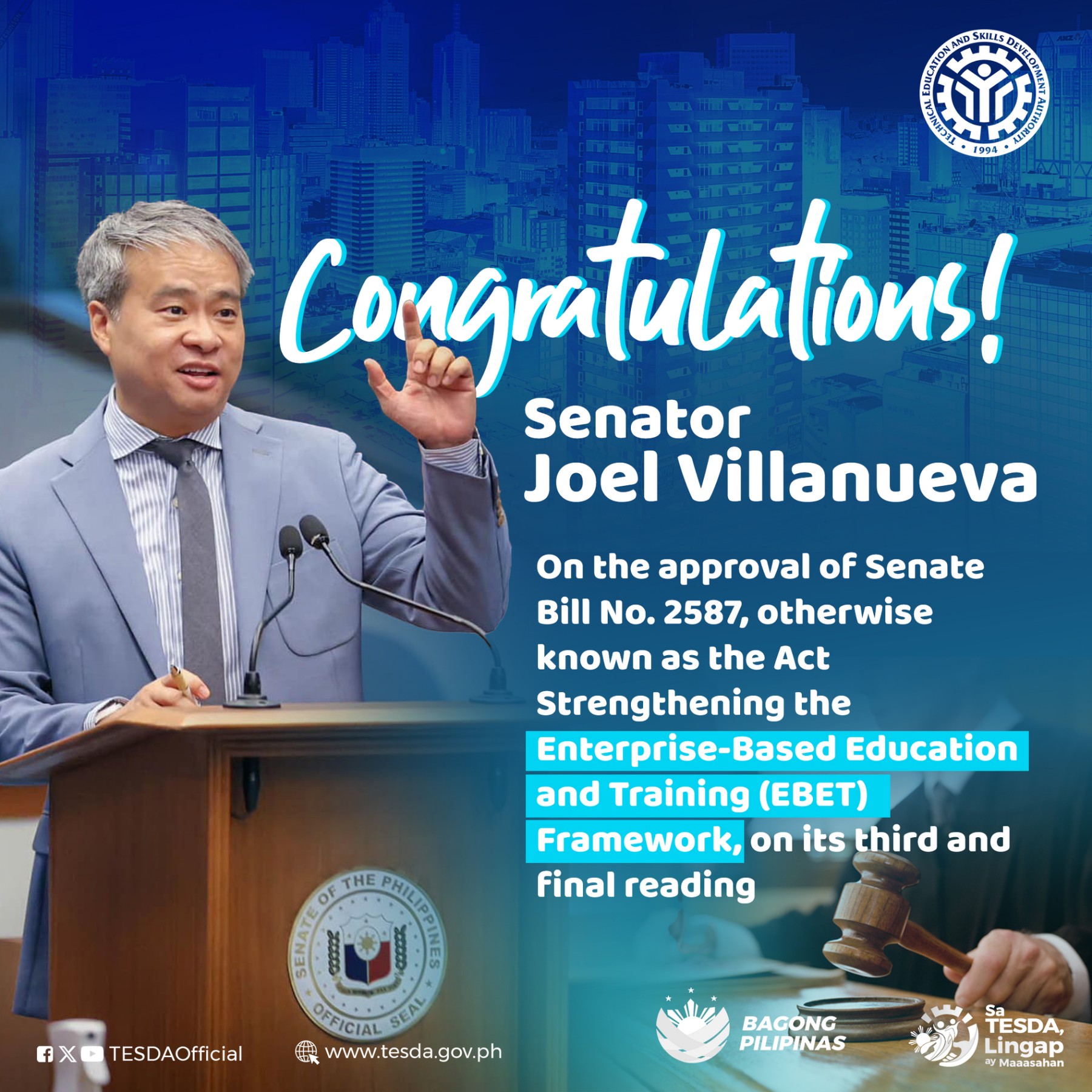 TESDA - Congratulations to our Honorable Senator Joel...