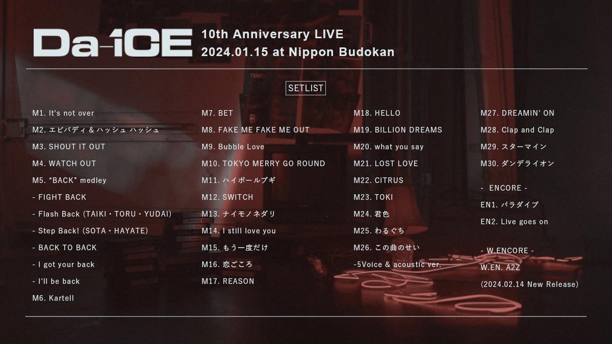 Da-iCE 10th Anniversary Arena Tour 2024 -MUSi-aM-」 【SETLIST