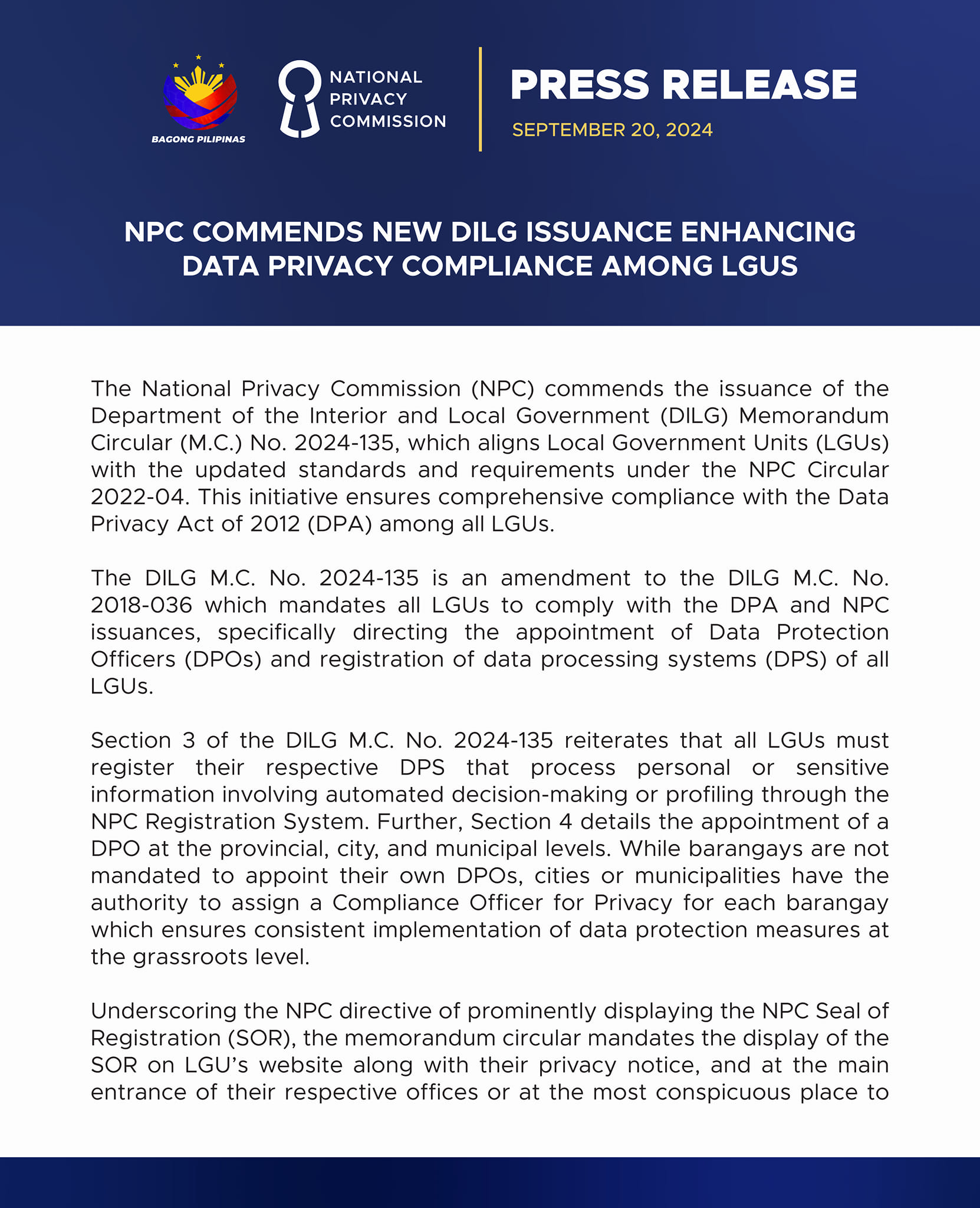𝐏𝐑𝐄𝐒𝐒 𝐑𝐄𝐋𝐄𝐀𝐒𝐄 𝐍𝐏𝐂 𝐜𝐨𝐦𝐦𝐞𝐧𝐝𝐬... - National Privacy Commission | Facebook