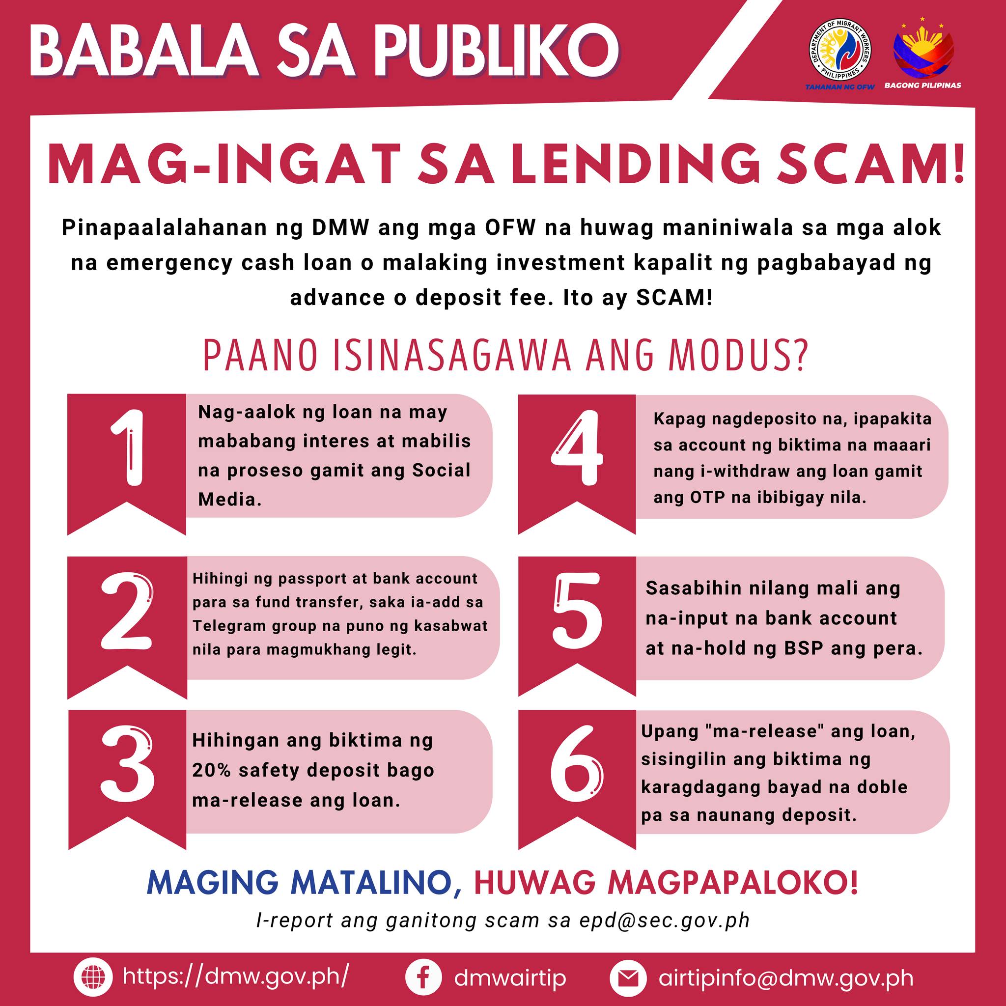 𝗕𝗔𝗕𝗔𝗟𝗔 𝗦𝗔 𝗣𝗨𝗕𝗟𝗜𝗞𝗢 Nagbabala ang Department of Migrant Workers (DMW) sa ...